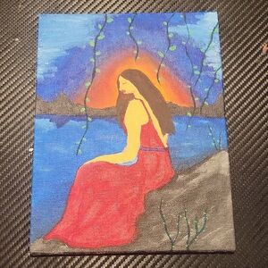 Serene Sunset Canvas Art with Red Dress